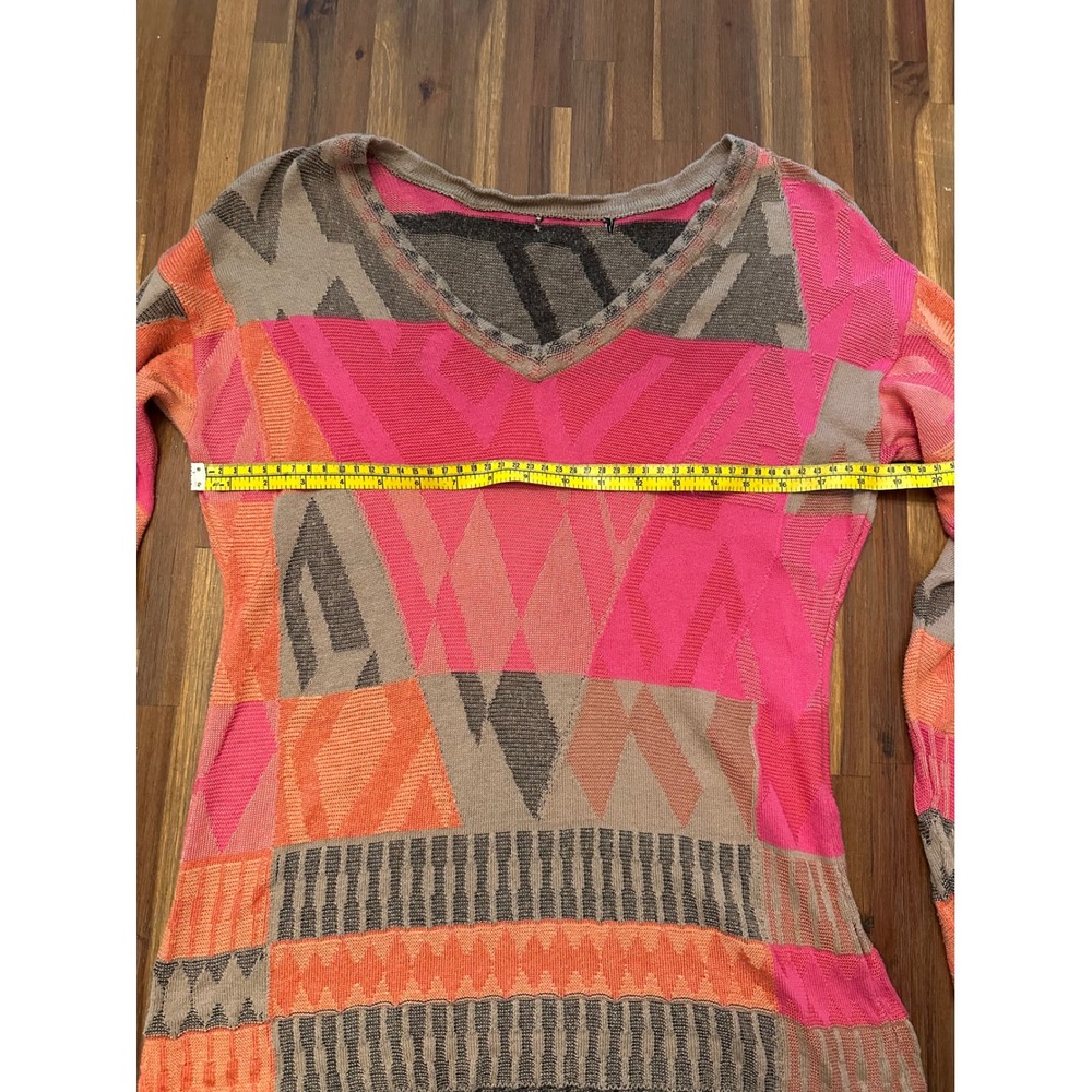 Unbranded Geometric Patchwork Knit Top Women Medium Pink Orange Excellent V-Neck